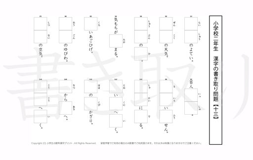 小学2年生で学習する160字の漢字をベースに、2年だけで400問近い書きとり問題を掲載しています。よく使う言い回しから、テストでよく出る問題もピックアップ。