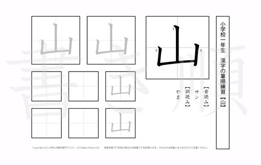 小学1年生で学習する80字の漢字のうち「山」を掲載しています。正しい書き順と読み方を、無料漢字プリントを使ってしっかり覚えておきましょう。