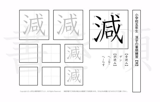小学5年生で学習する185字の漢字のうち「減」を掲載しています。正しい書き順と読み方を、無料漢字プリントを使ってしっかり覚えておきましょう。