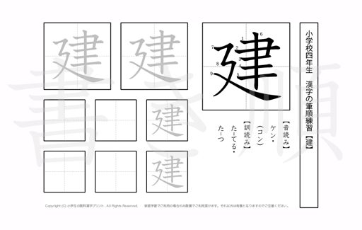 小学4年生で学習する200字の漢字のうち「建」を掲載しています。正しい書き順と読み方を、無料漢字プリントを使ってしっかり覚えておきましょう。